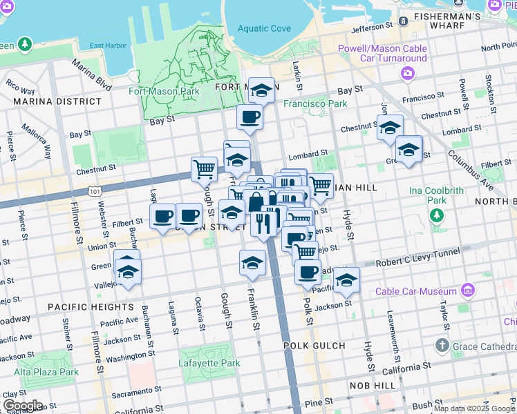 map of restaurants, bars, coffee shops, grocery stores, and more near 1501 Filbert Street in San Francisco