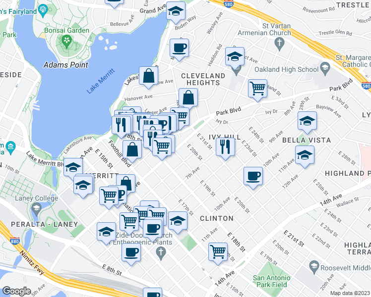 map of restaurants, bars, coffee shops, grocery stores, and more near 521 East 20th Street in Oakland