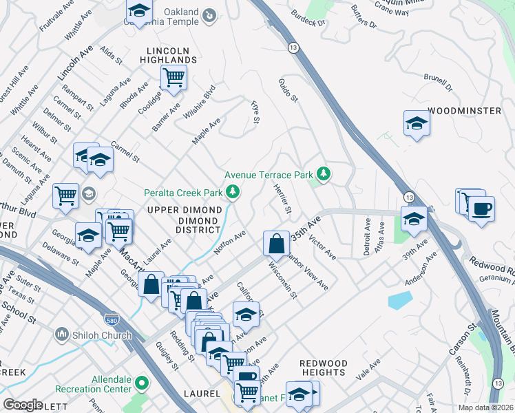 map of restaurants, bars, coffee shops, grocery stores, and more near 4028 Norton Avenue in Oakland