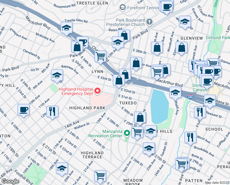 map of restaurants, bars, coffee shops, grocery stores, and more near 1515 East 31st Street in Oakland