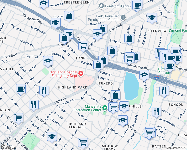 map of restaurants, bars, coffee shops, grocery stores, and more near 1411 East 31st Street in Oakland