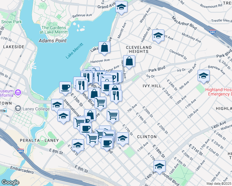 map of restaurants, bars, coffee shops, grocery stores, and more near in Oakland