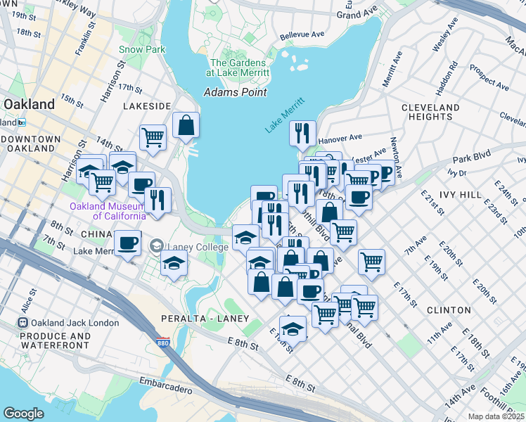map of restaurants, bars, coffee shops, grocery stores, and more near in Oakland