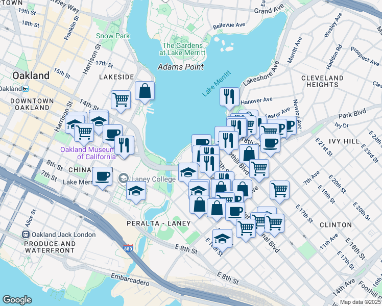 map of restaurants, bars, coffee shops, grocery stores, and more near in Oakland