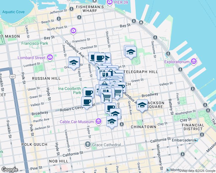map of restaurants, bars, coffee shops, grocery stores, and more near 806 Vallejo Street in San Francisco