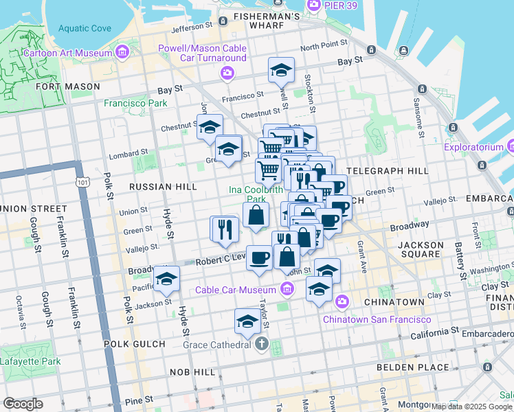 map of restaurants, bars, coffee shops, grocery stores, and more near 950-998 Vallejo Street in San Francisco