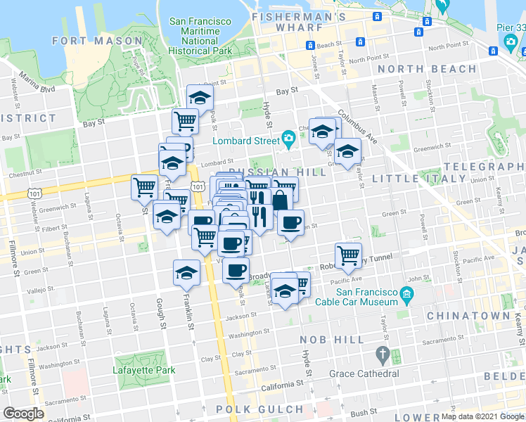 map of restaurants, bars, coffee shops, grocery stores, and more near 2235 Larkin Street in San Francisco