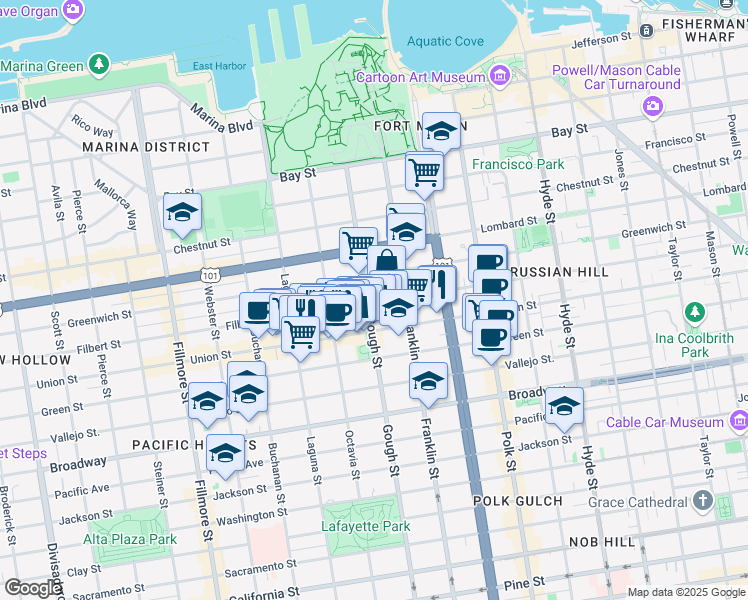 map of restaurants, bars, coffee shops, grocery stores, and more near 2722 Gough Street in San Francisco