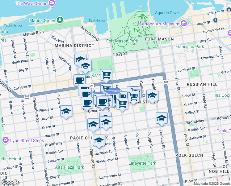 map of restaurants, bars, coffee shops, grocery stores, and more near 1980 Union Street in San Francisco