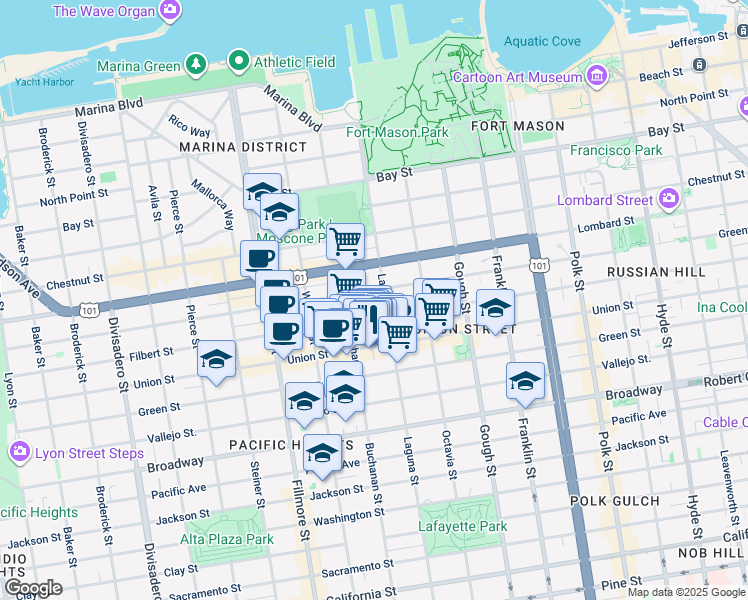 map of restaurants, bars, coffee shops, grocery stores, and more near 1980 Union Street in San Francisco
