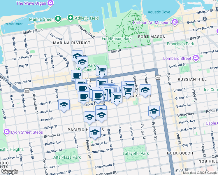 map of restaurants, bars, coffee shops, grocery stores, and more near 1980 Union Street in San Francisco