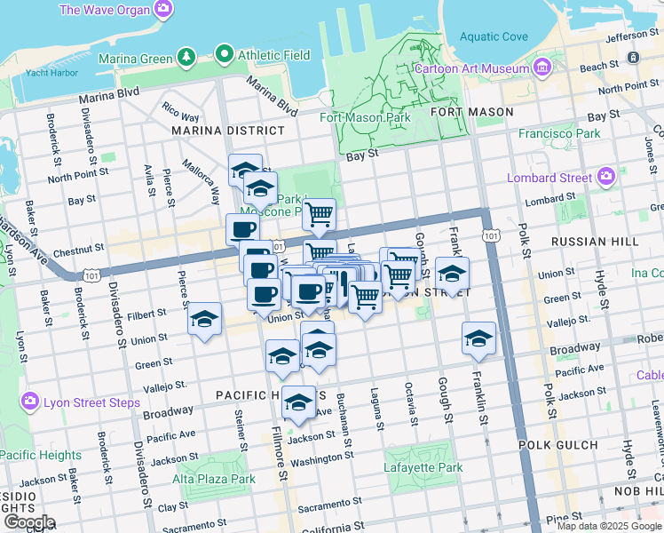 map of restaurants, bars, coffee shops, grocery stores, and more near 1980 Union Street in San Francisco