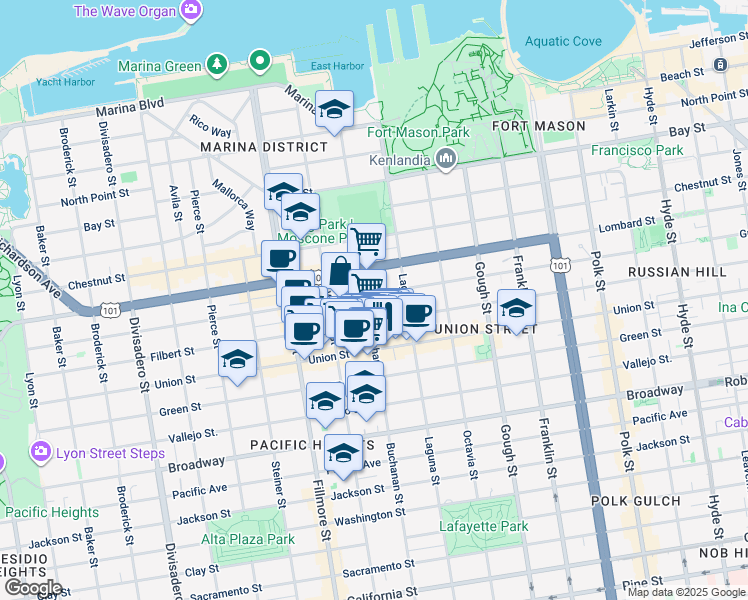 map of restaurants, bars, coffee shops, grocery stores, and more near 2028 Filbert Street in San Francisco