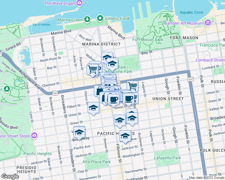 map of restaurants, bars, coffee shops, grocery stores, and more near 201 Pixley Street in San Francisco