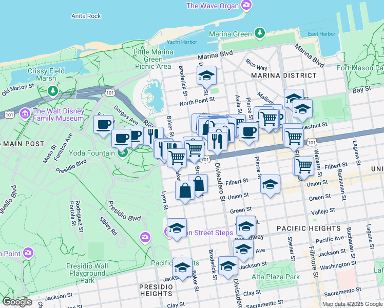 map of restaurants, bars, coffee shops, grocery stores, and more near in San Francisco