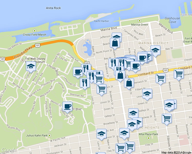 map of restaurants, bars, coffee shops, grocery stores, and more near 2729 Lombard Street in San Francisco