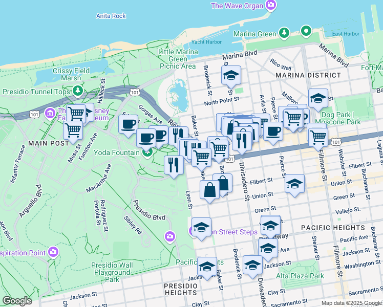 map of restaurants, bars, coffee shops, grocery stores, and more near 2729 Lombard Street in San Francisco