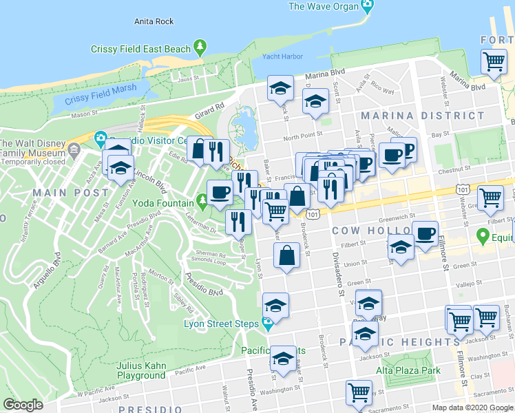map of restaurants, bars, coffee shops, grocery stores, and more near 2729 Lombard Street in San Francisco