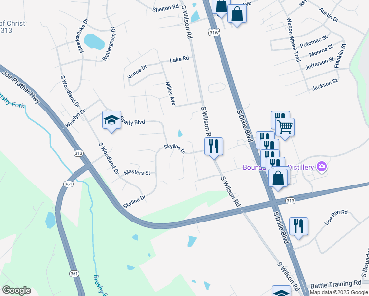 map of restaurants, bars, coffee shops, grocery stores, and more near 101 Joy Court in Radcliff