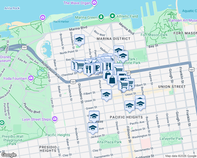 map of restaurants, bars, coffee shops, grocery stores, and more near 2399 Greenwich Street in San Francisco