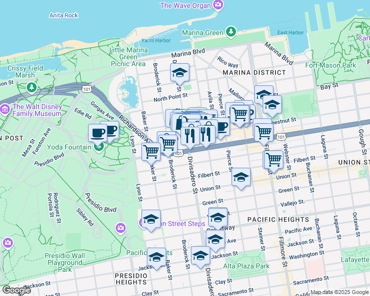 map of restaurants, bars, coffee shops, grocery stores, and more near 2555 Lombard Street in San Francisco