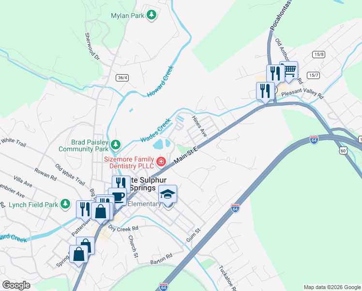 map of restaurants, bars, coffee shops, grocery stores, and more near 437-489 East Main Street in White Sulphur Springs