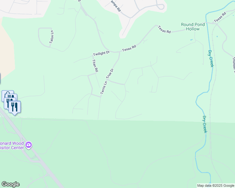 map of restaurants, bars, coffee shops, grocery stores, and more near 24542 Terrain Lane in Saint Robert