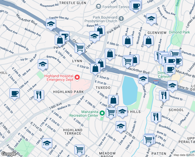 map of restaurants, bars, coffee shops, grocery stores, and more near 3130 14th Avenue in Oakland