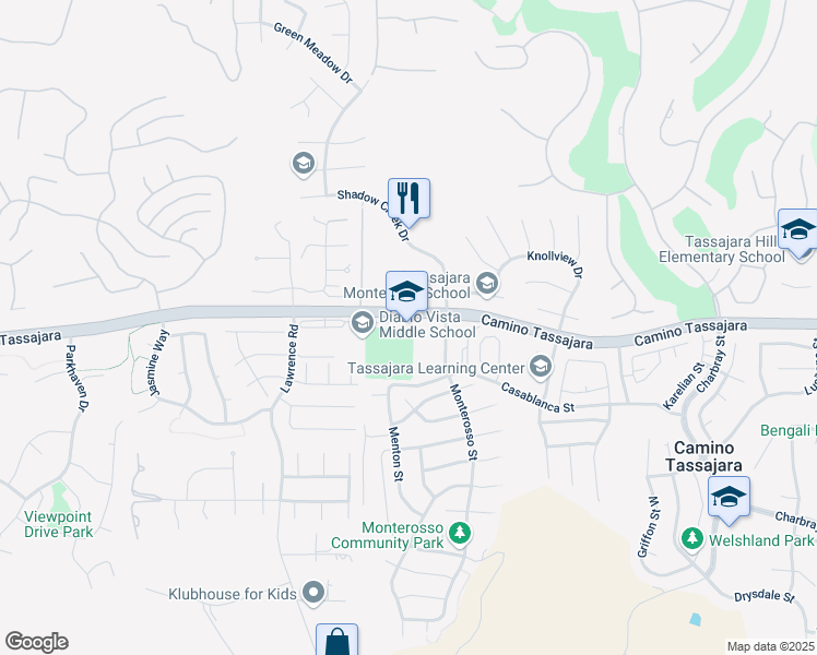 map of restaurants, bars, coffee shops, grocery stores, and more near 4100 Camino Tassajara in Danville