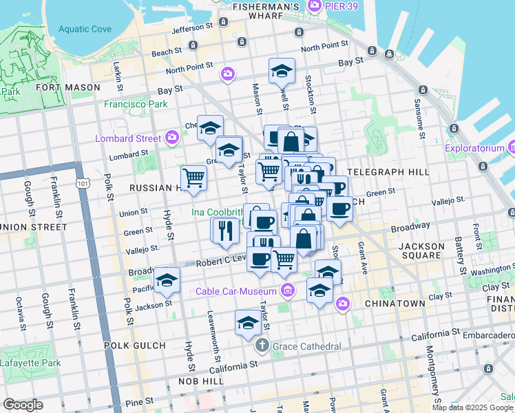 map of restaurants, bars, coffee shops, grocery stores, and more near 866 Green Street in San Francisco