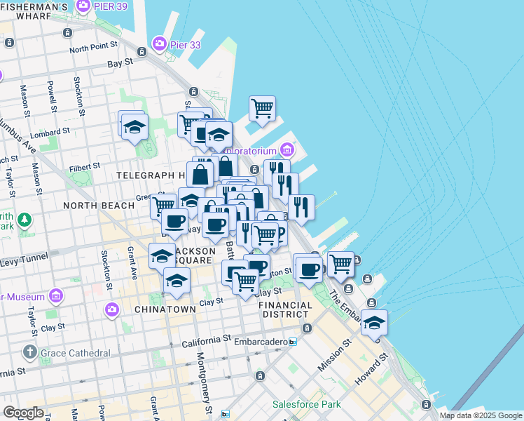 map of restaurants, bars, coffee shops, grocery stores, and more near 735 Davis Street in San Francisco