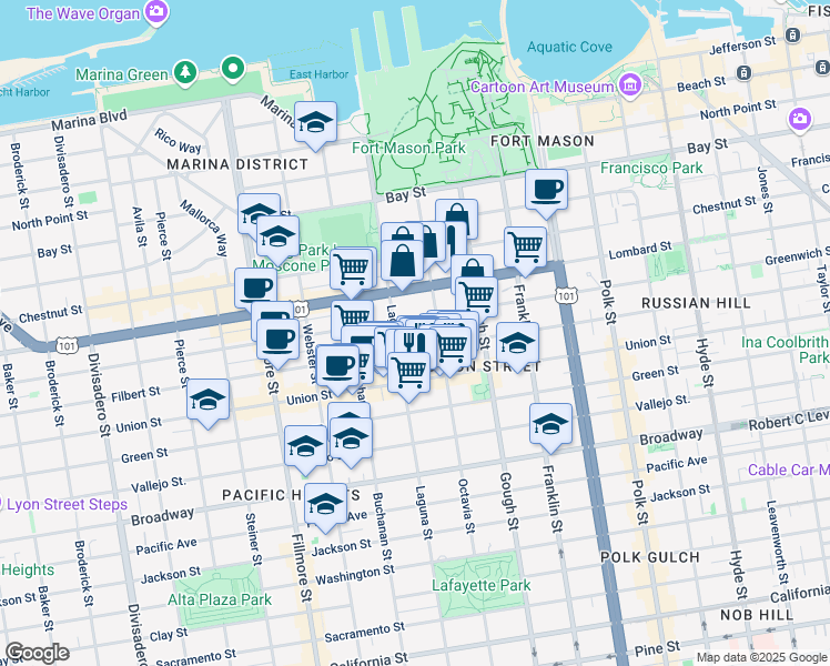 map of restaurants, bars, coffee shops, grocery stores, and more near in San Francisco