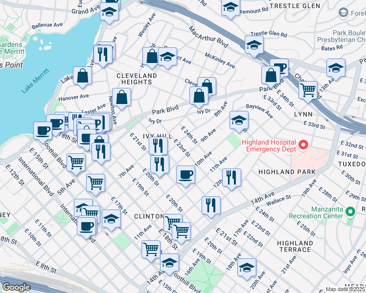 map of restaurants, bars, coffee shops, grocery stores, and more near 814 East 23rd Street in Oakland