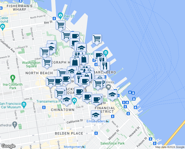 map of restaurants, bars, coffee shops, grocery stores, and more near 88 Broadway in San Francisco