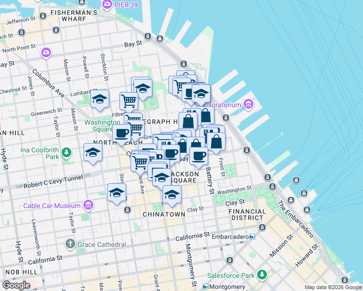 map of restaurants, bars, coffee shops, grocery stores, and more near 2 Prescott Court in San Francisco