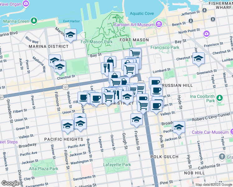map of restaurants, bars, coffee shops, grocery stores, and more near 1661 Greenwich Street in San Francisco