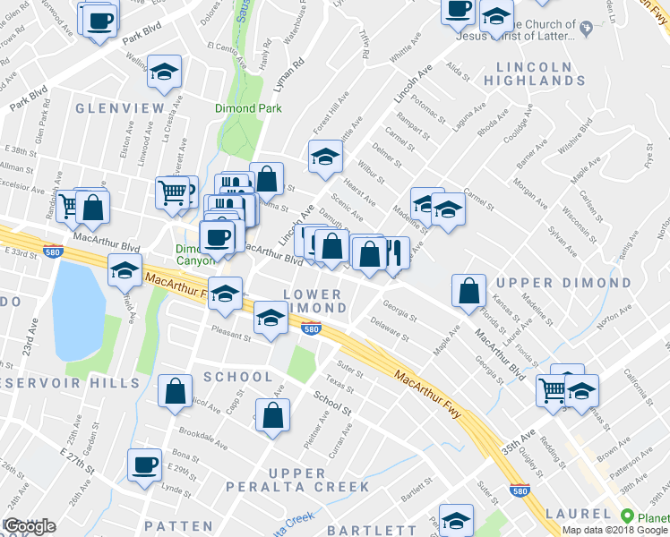 map of restaurants, bars, coffee shops, grocery stores, and more near 2596 MacArthur Boulevard in Oakland