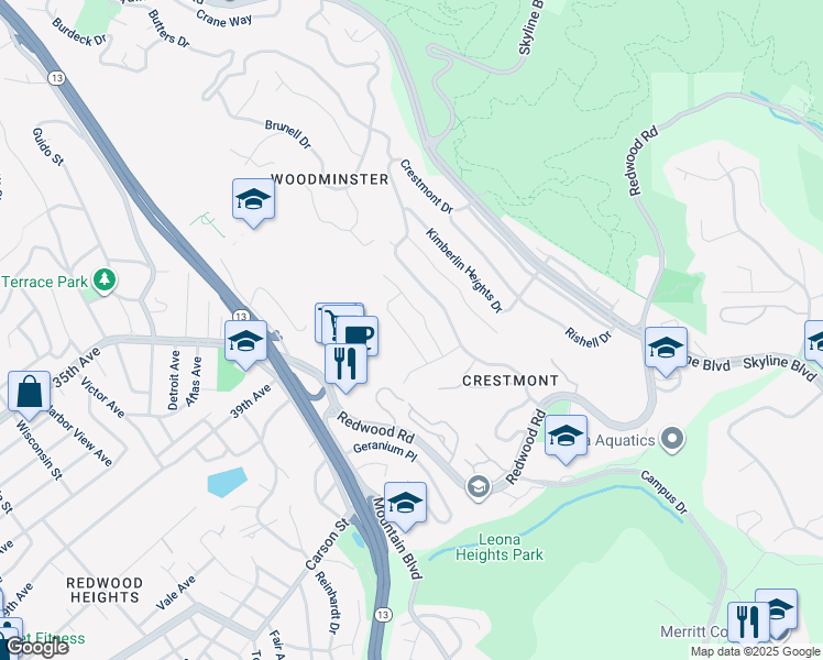 map of restaurants, bars, coffee shops, grocery stores, and more near 415 Crestmont Drive in Oakland