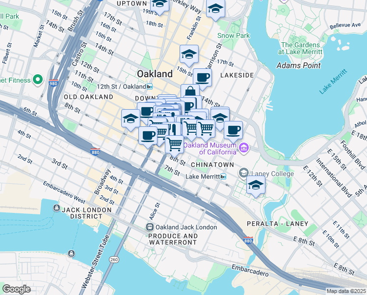 map of restaurants, bars, coffee shops, grocery stores, and more near 250 9th Street in Oakland