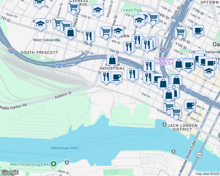 map of restaurants, bars, coffee shops, grocery stores, and more near 5 Embarcadero in Oakland