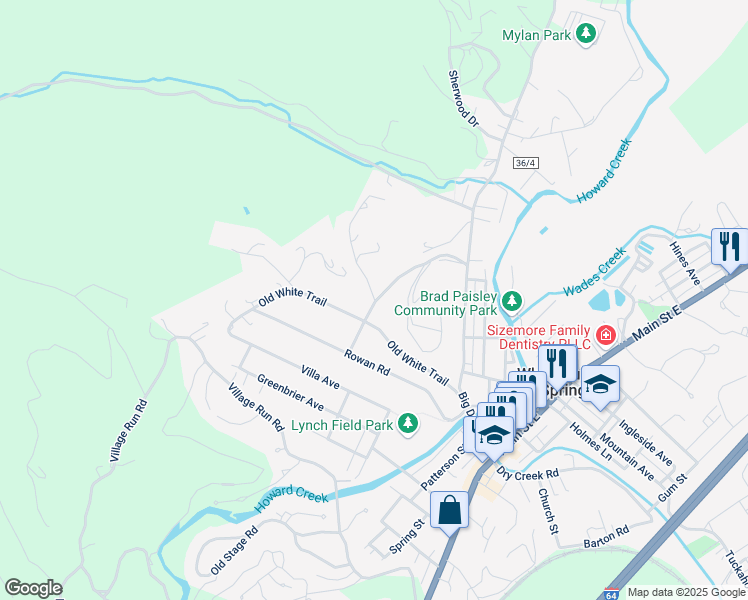 map of restaurants, bars, coffee shops, grocery stores, and more near 312 Pine Gap Road in White Sulphur Springs
