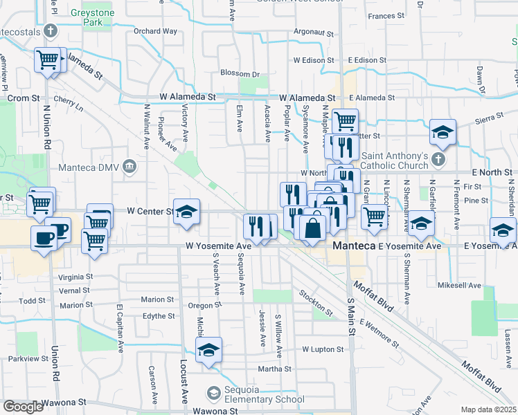 map of restaurants, bars, coffee shops, grocery stores, and more near 523 West Center Street in Manteca