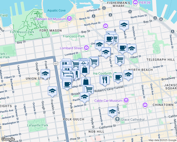 map of restaurants, bars, coffee shops, grocery stores, and more near 14A Havens Street in San Francisco