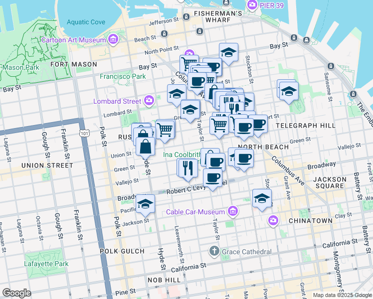 map of restaurants, bars, coffee shops, grocery stores, and more near 1950 Jones Street in San Francisco