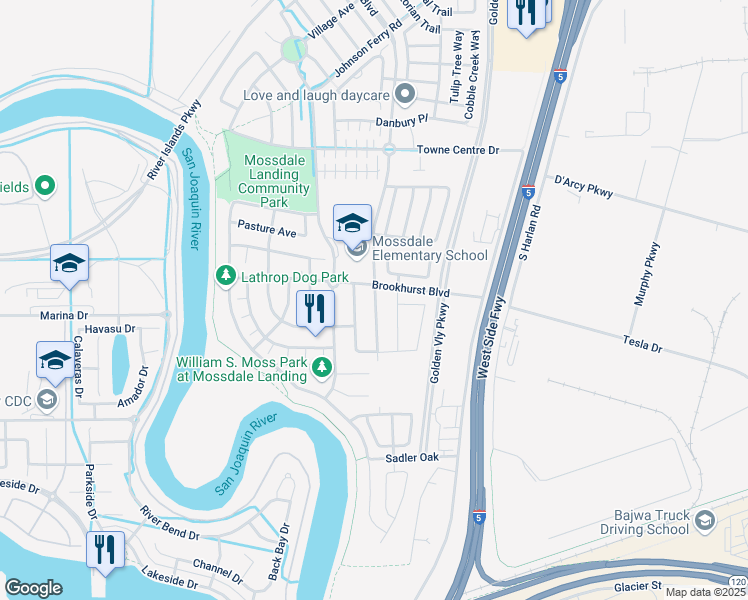map of restaurants, bars, coffee shops, grocery stores, and more near 17673 Water Mill Street in Lathrop