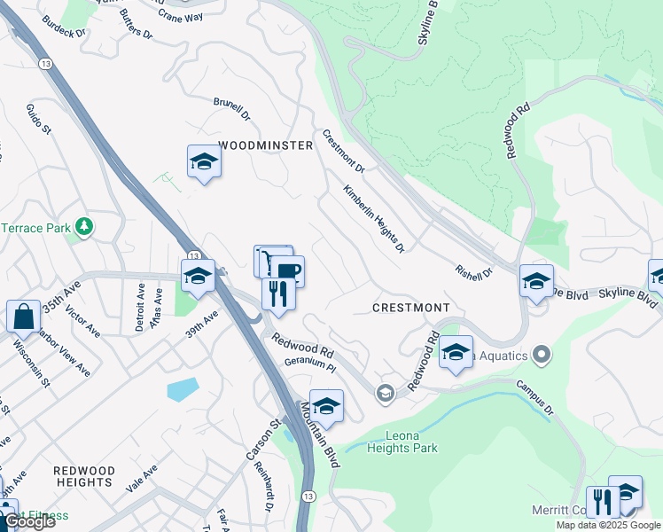 map of restaurants, bars, coffee shops, grocery stores, and more near 415 Crestmont Drive in Oakland