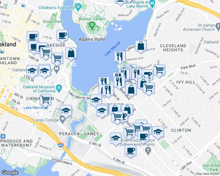 map of restaurants, bars, coffee shops, grocery stores, and more near 1524 1st Avenue in Oakland