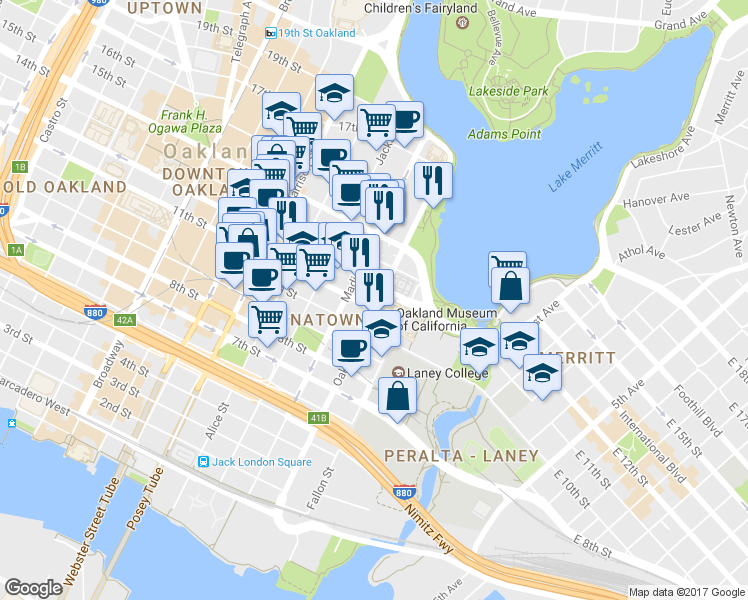 map of restaurants, bars, coffee shops, grocery stores, and more near 1221 Oak Street in Oakland
