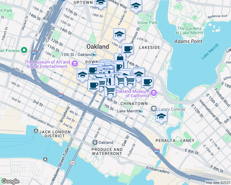 map of restaurants, bars, coffee shops, grocery stores, and more near Alice Street in Oakland