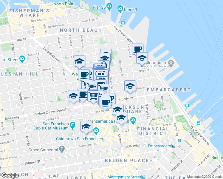 map of restaurants, bars, coffee shops, grocery stores, and more near 1309 Kearny Street in San Francisco